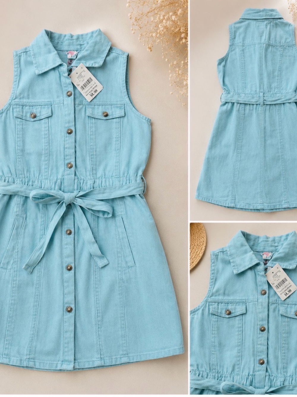 Girls' Sleeveless Denim Dress with Tie-Waist in Light Blue
